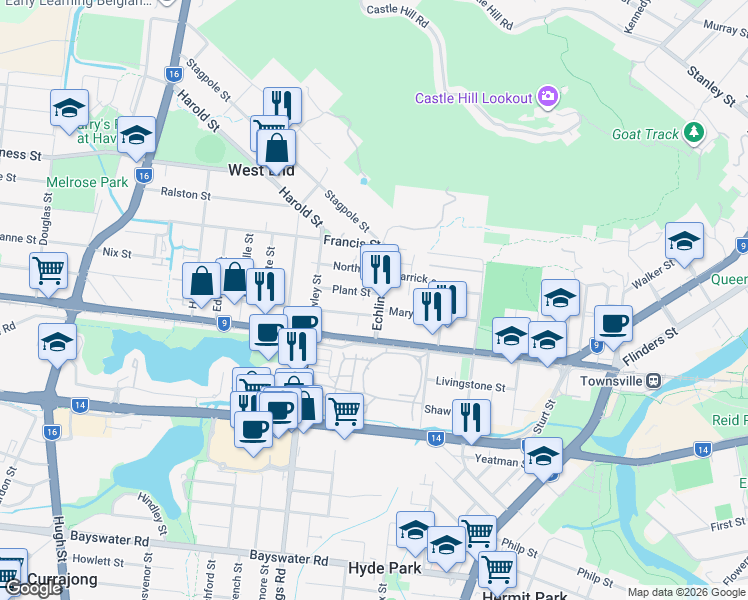 map of restaurants, bars, coffee shops, grocery stores, and more near 14 Echlin Street in West End
