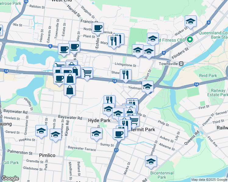 map of restaurants, bars, coffee shops, grocery stores, and more near 34 Park Lane in Hyde Park