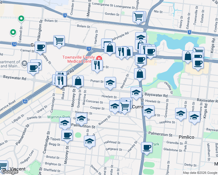 map of restaurants, bars, coffee shops, grocery stores, and more near 187 Bayswater Road in Currajong