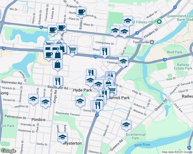 map of restaurants, bars, coffee shops, grocery stores, and more near 8 Piccadilly Street in Hyde Park