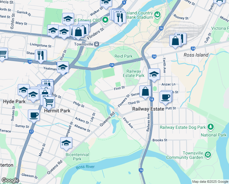map of restaurants, bars, coffee shops, grocery stores, and more near 45 First Street in Railway Estate