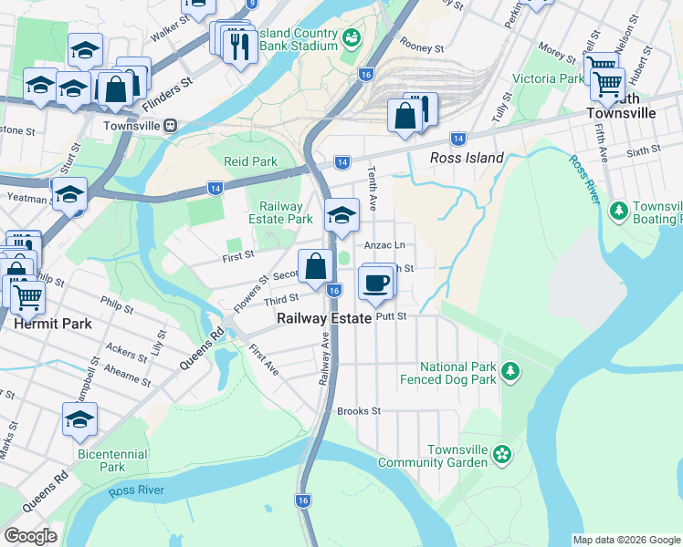 map of restaurants, bars, coffee shops, grocery stores, and more near 49 Railway Avenue in Railway Estate