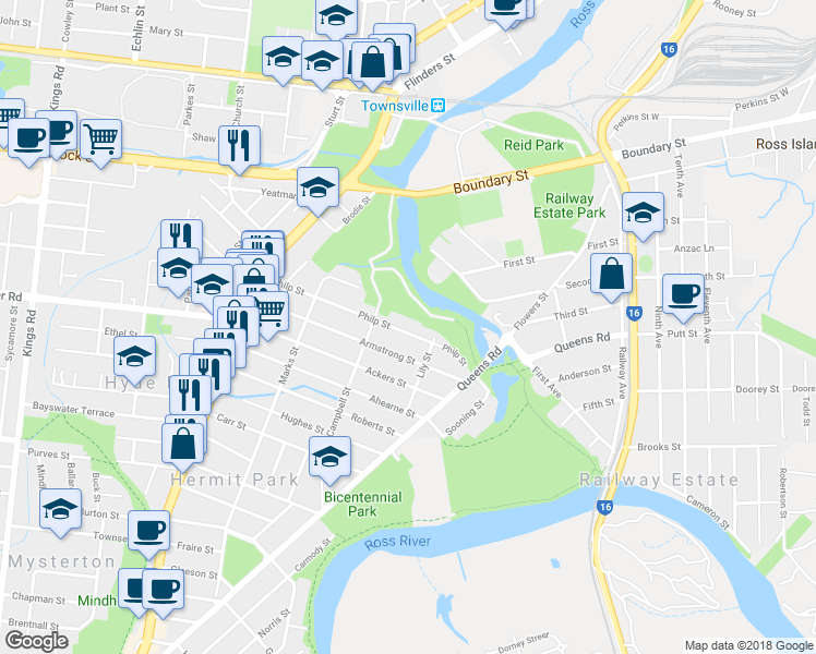map of restaurants, bars, coffee shops, grocery stores, and more near 47 Philp Street in Hermit Park