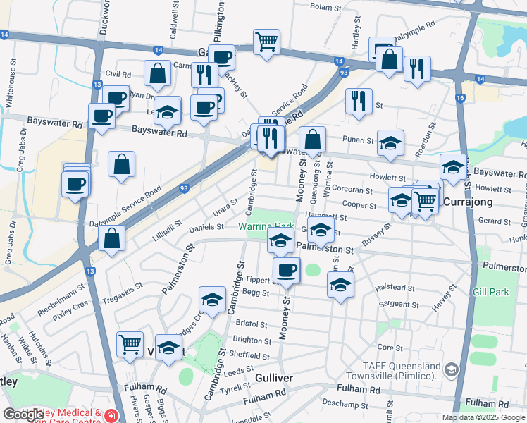 map of restaurants, bars, coffee shops, grocery stores, and more near 18 Cambridge Street in Currajong