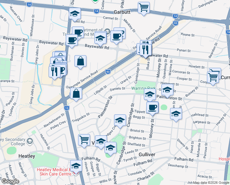 map of restaurants, bars, coffee shops, grocery stores, and more near 223 Palmerston Street in Vincent