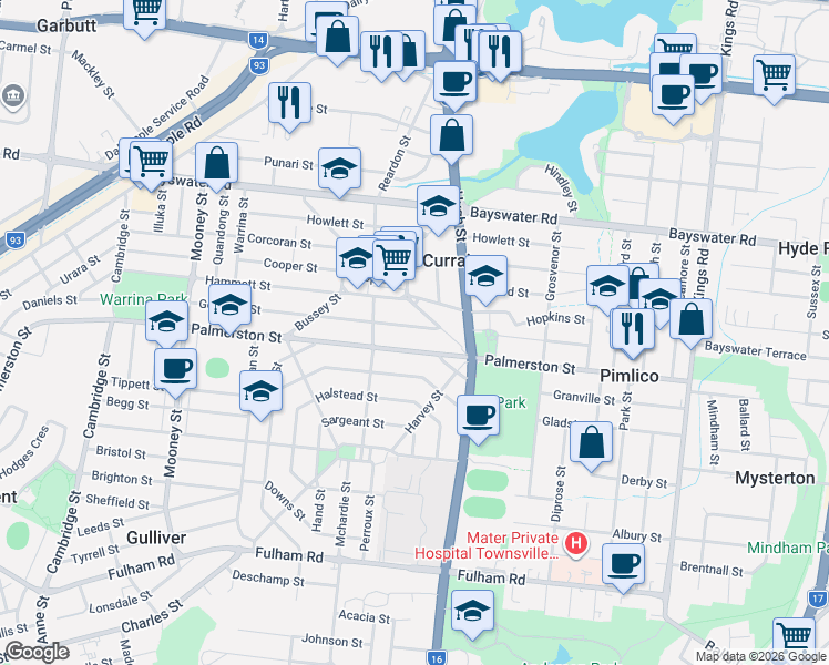 map of restaurants, bars, coffee shops, grocery stores, and more near 25 Goodwin Street in Currajong