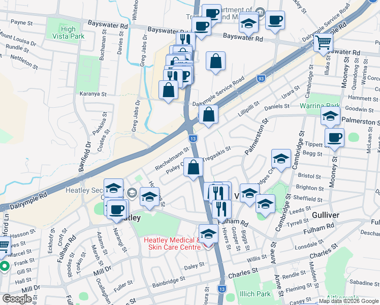 map of restaurants, bars, coffee shops, grocery stores, and more near 7 Nathan Street in Heatley