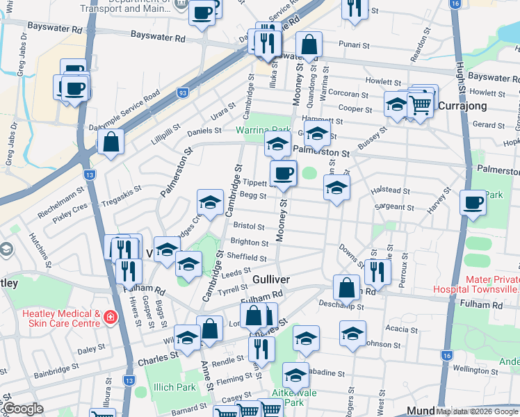 map of restaurants, bars, coffee shops, grocery stores, and more near 53 McDonald Street in Gulliver