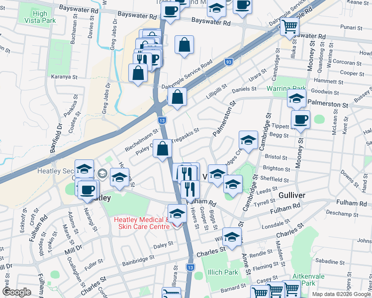map of restaurants, bars, coffee shops, grocery stores, and more near 22 Blaxland Crescent in Vincent