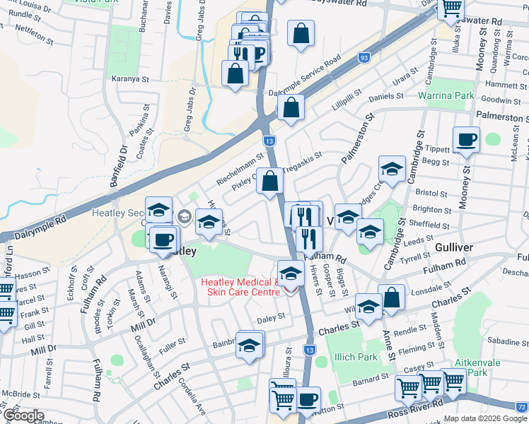 map of restaurants, bars, coffee shops, grocery stores, and more near 18 Goldsworthy Street in Heatley