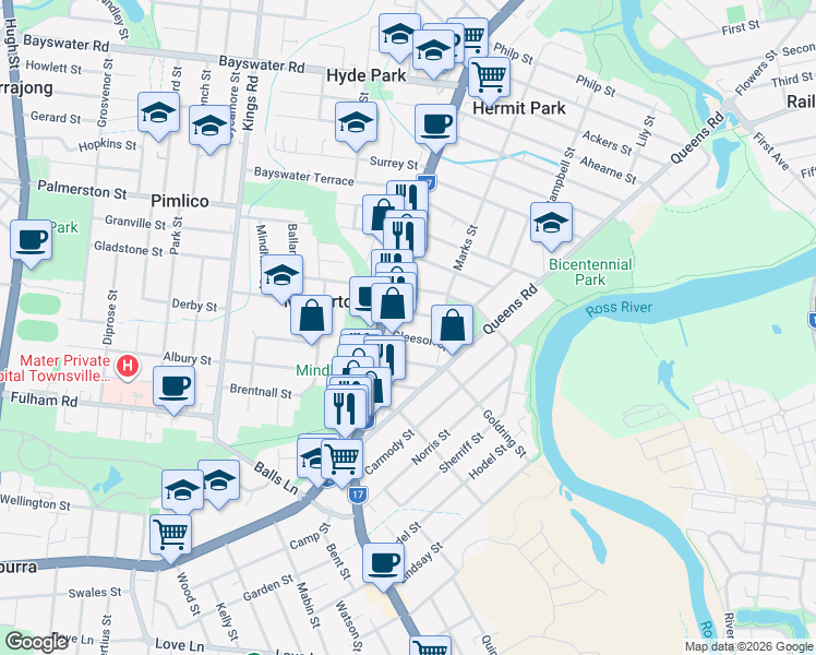 map of restaurants, bars, coffee shops, grocery stores, and more near 8 Gleeson Street in Hermit Park