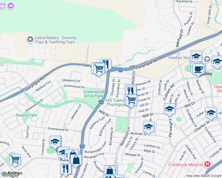 map of restaurants, bars, coffee shops, grocery stores, and more near 35 Churinga Street in Kirwan