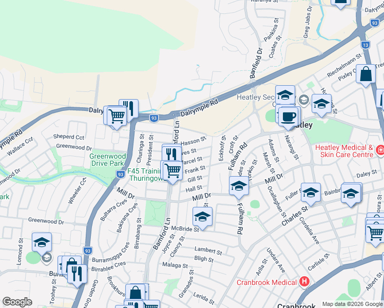 map of restaurants, bars, coffee shops, grocery stores, and more near 16 Ives Street in Kirwan