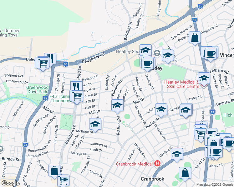 map of restaurants, bars, coffee shops, grocery stores, and more near 37 Rhodes Street in Heatley
