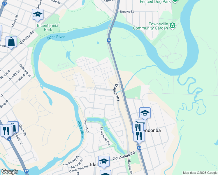 map of restaurants, bars, coffee shops, grocery stores, and more near 1 Darter Street in Oonoonba