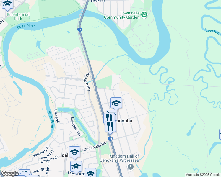 map of restaurants, bars, coffee shops, grocery stores, and more near in Oonoonba