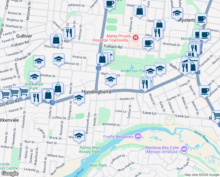 map of restaurants, bars, coffee shops, grocery stores, and more near 137 Ross River Road in Mundingburra