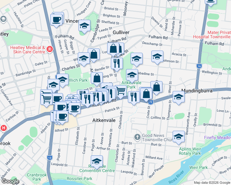 map of restaurants, bars, coffee shops, grocery stores, and more near 4 Wotton Street in Aitkenvale