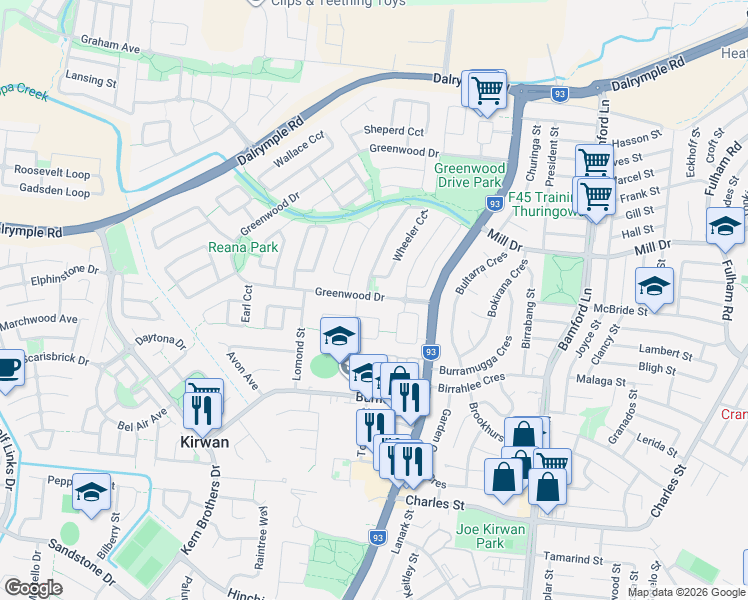 map of restaurants, bars, coffee shops, grocery stores, and more near 19 Greenwood Drive in Kirwan