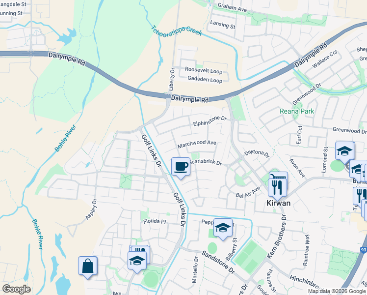 map of restaurants, bars, coffee shops, grocery stores, and more near 36 Bellingham Crescent in Kirwan