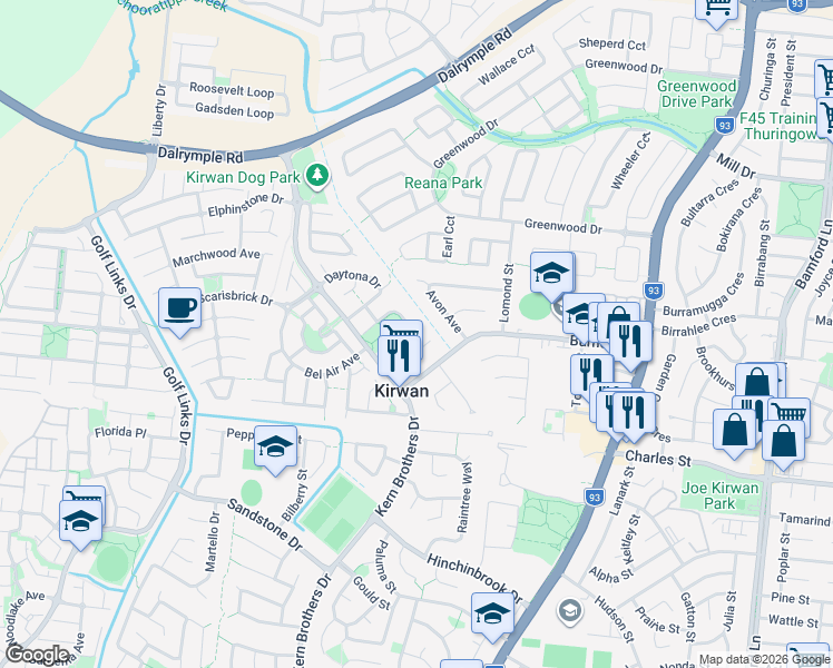map of restaurants, bars, coffee shops, grocery stores, and more near 16 Belmont Park Avenue in Kirwan