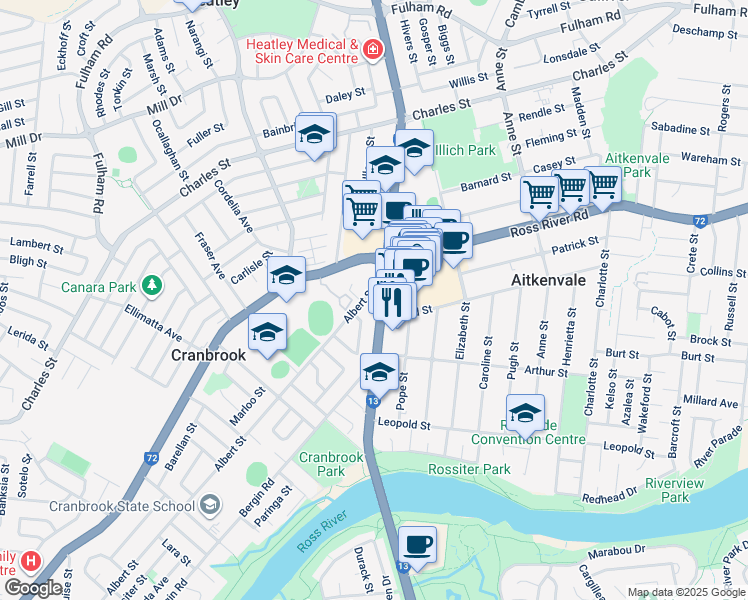 map of restaurants, bars, coffee shops, grocery stores, and more near 151 Nathan Street in Cranbrook