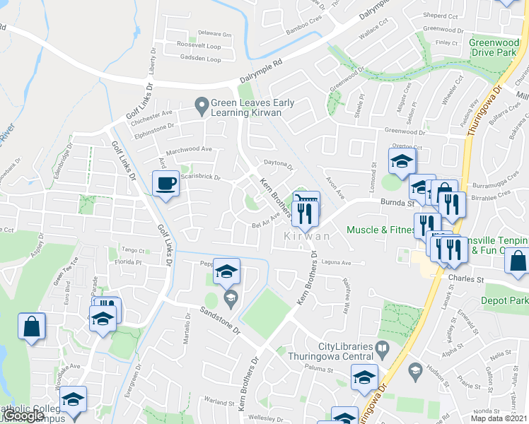 map of restaurants, bars, coffee shops, grocery stores, and more near 8 Montebello Circle in Kirwan
