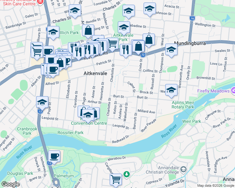 map of restaurants, bars, coffee shops, grocery stores, and more near 89 Burt Street in Aitkenvale