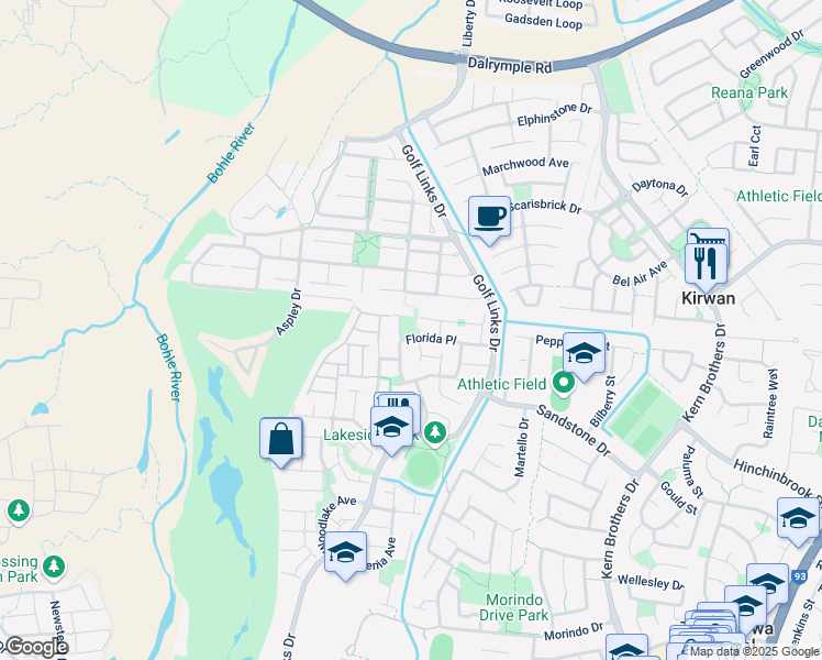 map of restaurants, bars, coffee shops, grocery stores, and more near 10 Jayella Close in Kirwan