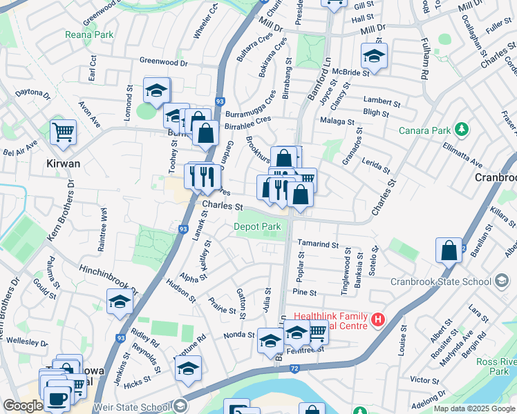 map of restaurants, bars, coffee shops, grocery stores, and more near 393 Charles Street in Kirwan