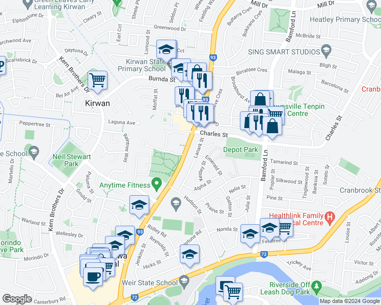 map of restaurants, bars, coffee shops, grocery stores, and more near 95 Thuringowa Drive in Kirwan