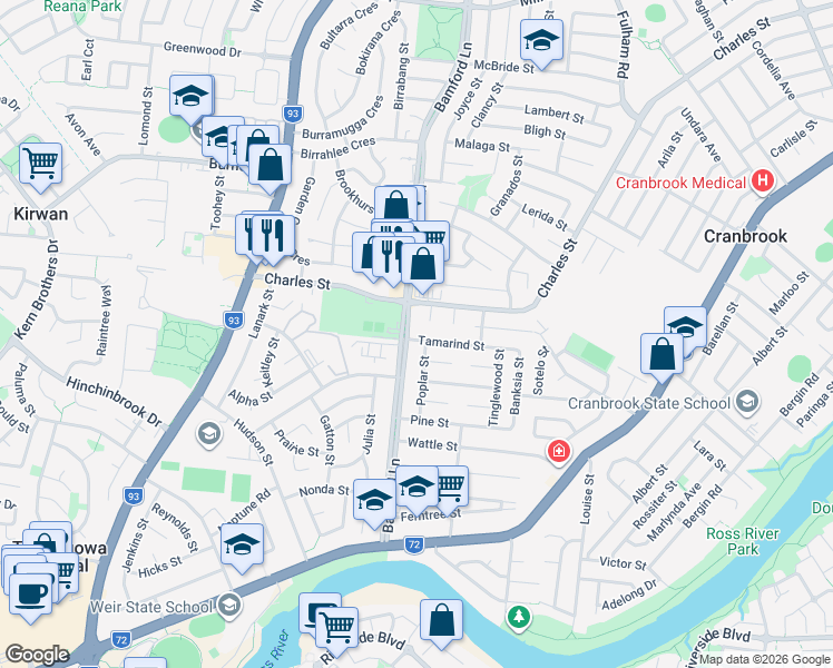 map of restaurants, bars, coffee shops, grocery stores, and more near 3 Tamarind Street in Kirwan