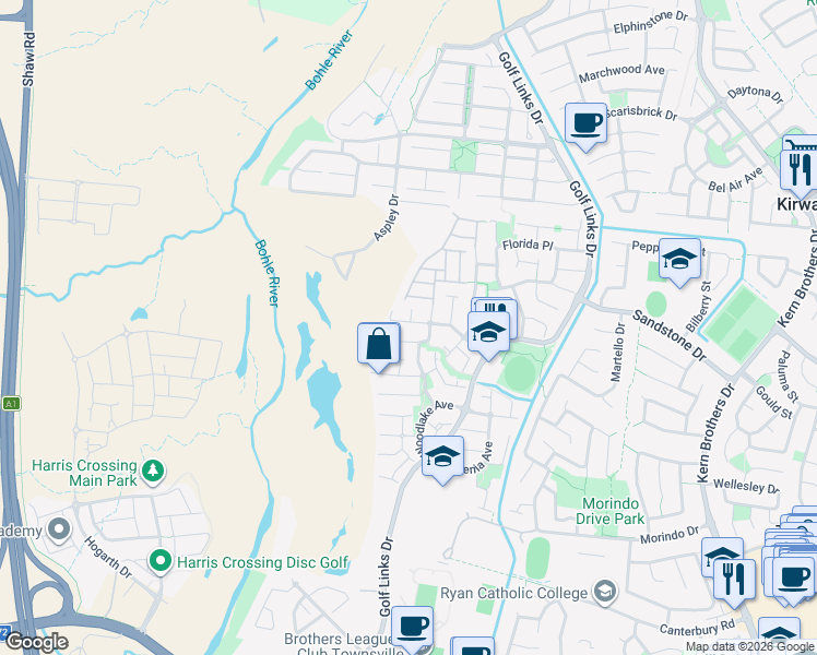 map of restaurants, bars, coffee shops, grocery stores, and more near 9 Regal Court in Kirwan