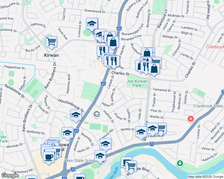 map of restaurants, bars, coffee shops, grocery stores, and more near 5 Keitley Street in Kirwan