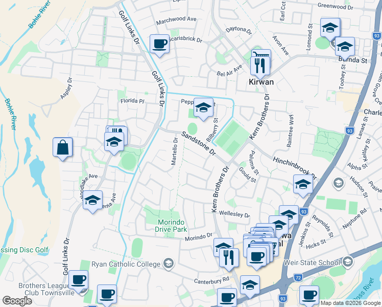 map of restaurants, bars, coffee shops, grocery stores, and more near 7 Sundew Close in Kirwan