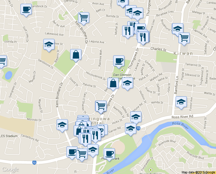 map of restaurants, bars, coffee shops, grocery stores, and more near Bass St in Thuringowa Central