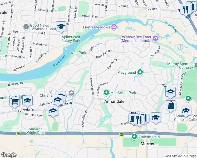 map of restaurants, bars, coffee shops, grocery stores, and more near 9 Tibouchina Street in Annandale