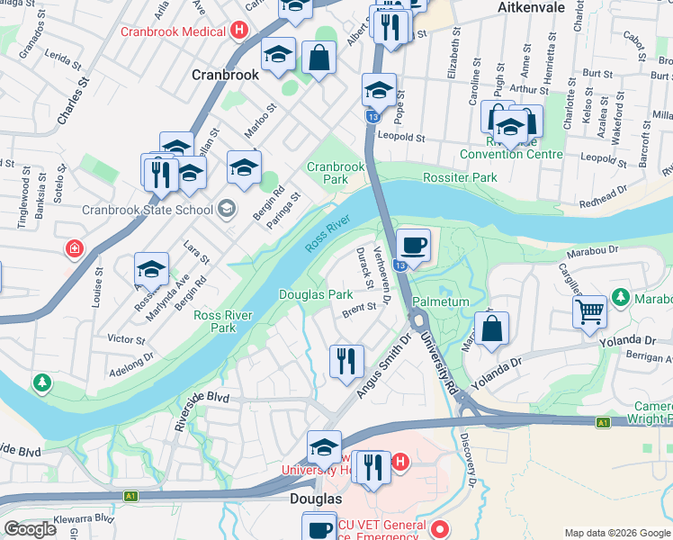 map of restaurants, bars, coffee shops, grocery stores, and more near 31 Keesing Road in Douglas