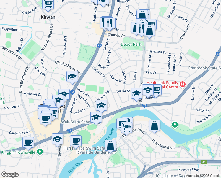 map of restaurants, bars, coffee shops, grocery stores, and more near Hudson St in Kirwan