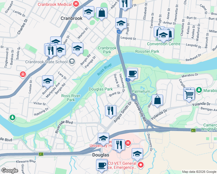 map of restaurants, bars, coffee shops, grocery stores, and more near 17 Fenner Street in Douglas