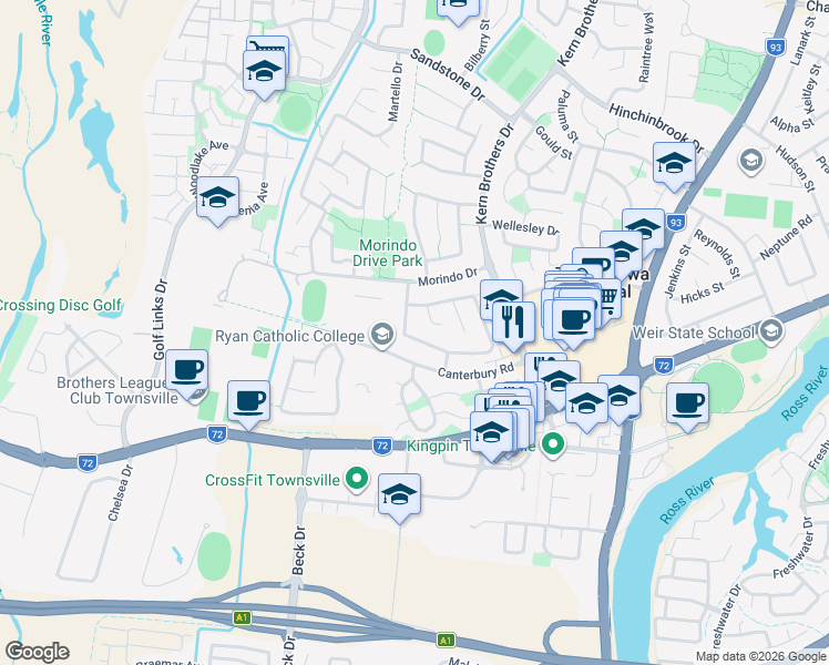 map of restaurants, bars, coffee shops, grocery stores, and more near 17 Whitsunday Drive in Kirwan