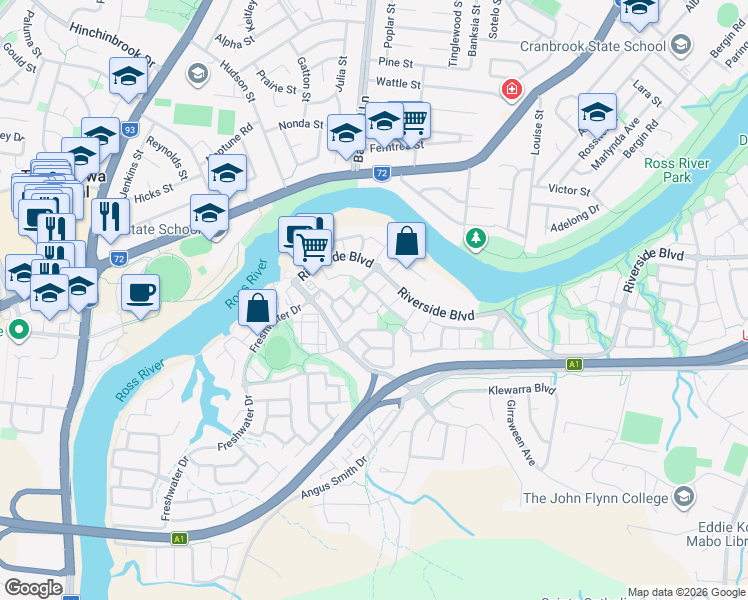map of restaurants, bars, coffee shops, grocery stores, and more near 100 Riverbend Drive in Douglas