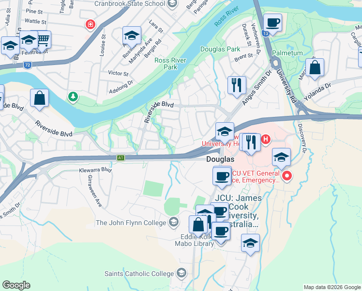 map of restaurants, bars, coffee shops, grocery stores, and more near 8 Curtin Place in Douglas