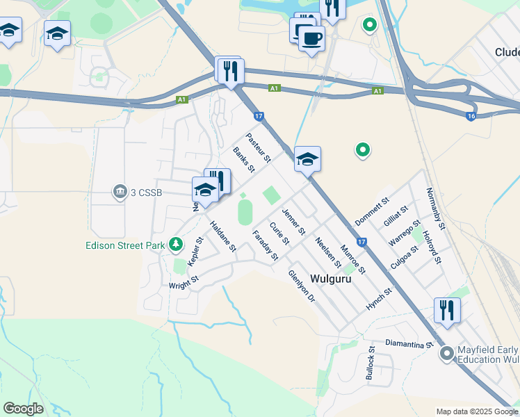 map of restaurants, bars, coffee shops, grocery stores, and more near 14 Edison Street in Wulguru