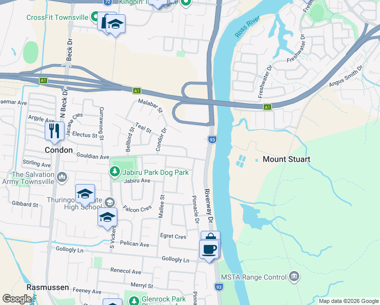 map of restaurants, bars, coffee shops, grocery stores, and more near 3 Lorikeet Street in Condon