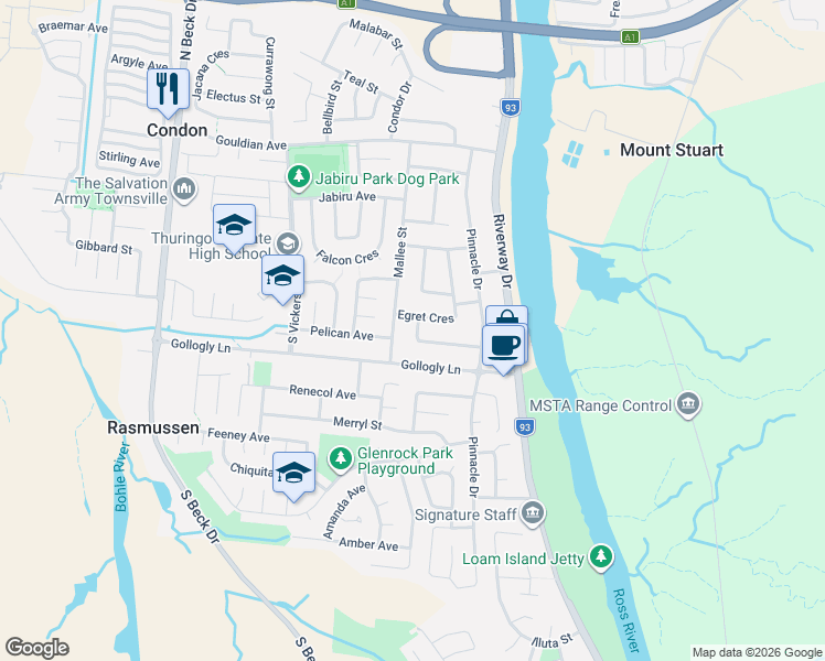 map of restaurants, bars, coffee shops, grocery stores, and more near 4 Mynah Crescent in Condon