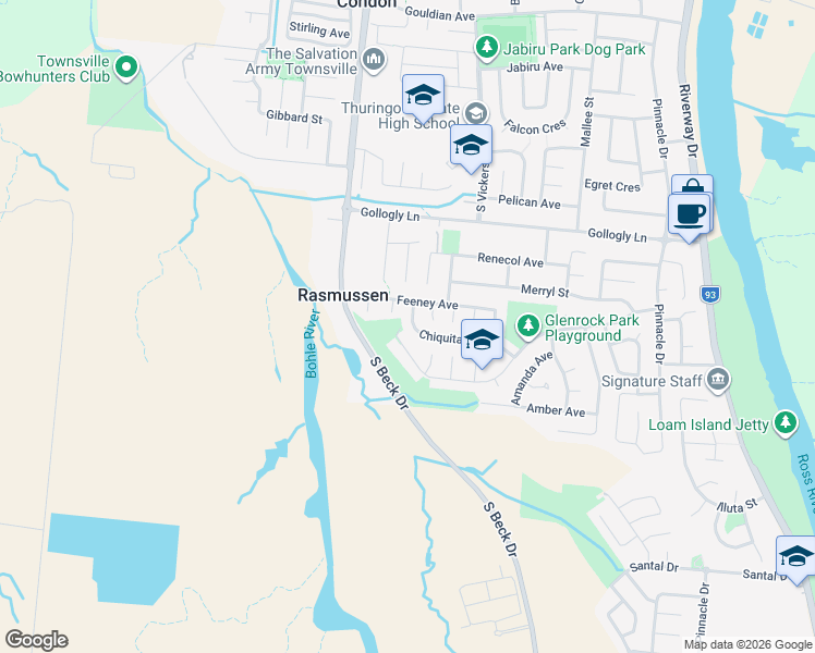 map of restaurants, bars, coffee shops, grocery stores, and more near 44 Chiquita Avenue in Rasmussen