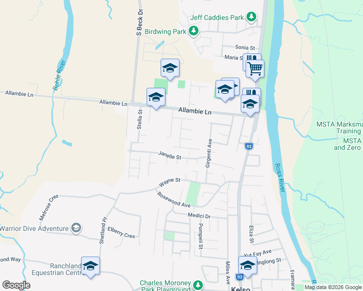 map of restaurants, bars, coffee shops, grocery stores, and more near 12 Elton Drive in Kelso