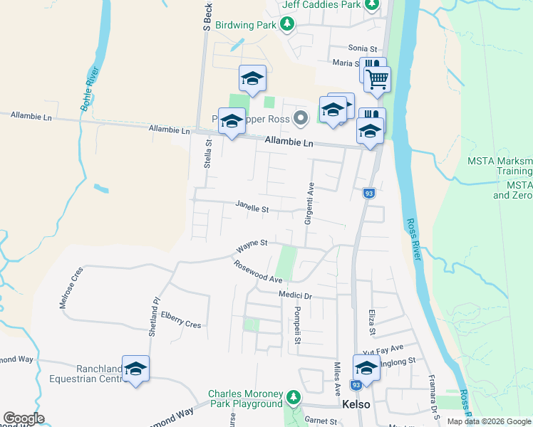 map of restaurants, bars, coffee shops, grocery stores, and more near 18 Janelle Street in Kelso