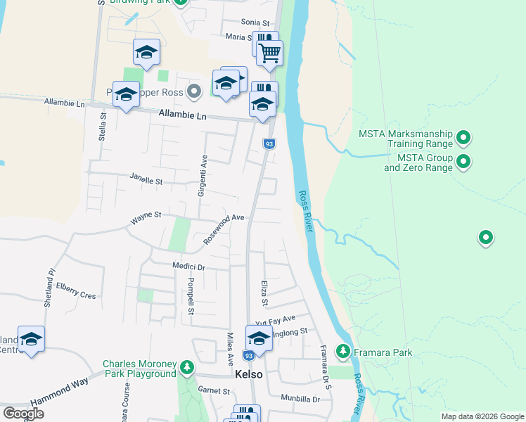 map of restaurants, bars, coffee shops, grocery stores, and more near 2 Cameron Court in Kelso